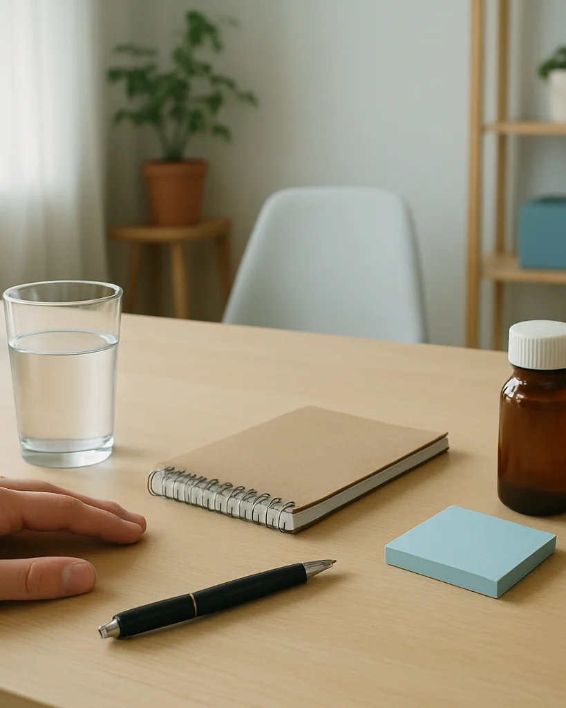 Wide editorial photograph of a bright home workspace in natural d